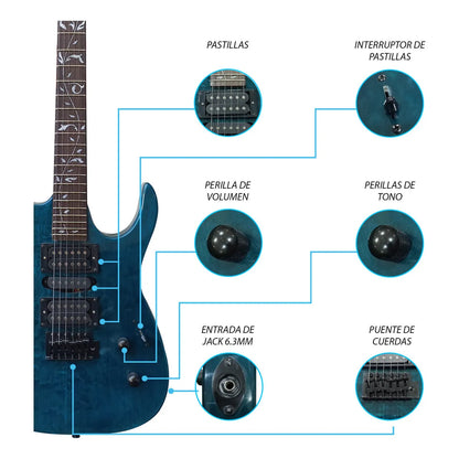 Paquete Guitarra Electrica Jethro Series By Steelpro 043-sk Color Quilted Blue Material Del Diapasón Alamo Negro Orientación De La Mano Diestro
