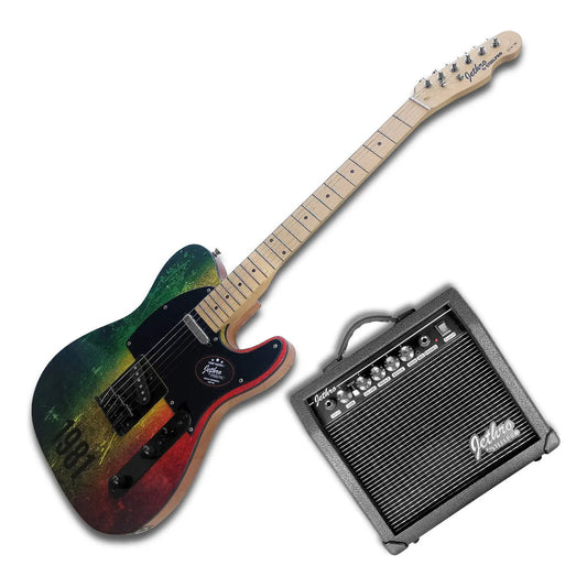 Paquete Guitarra Eléctrica Reggae 1981 Jethro Steelpro 074 Color Green Yellow Red Binding Black Material Del Diapasón Maple Natural Orientación De La Mano Diestro