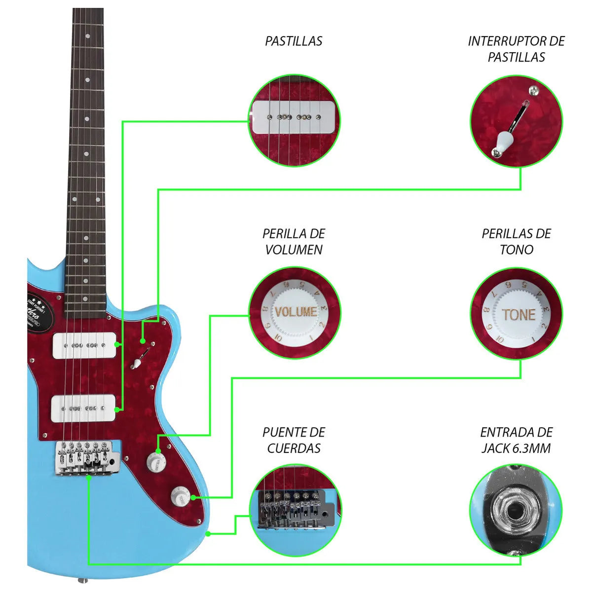 Paquete Guitarra Electrica Series Jethro By Steelpro 059 Color Sky Blue Diapasón De Álamo Laminado Para Diestro