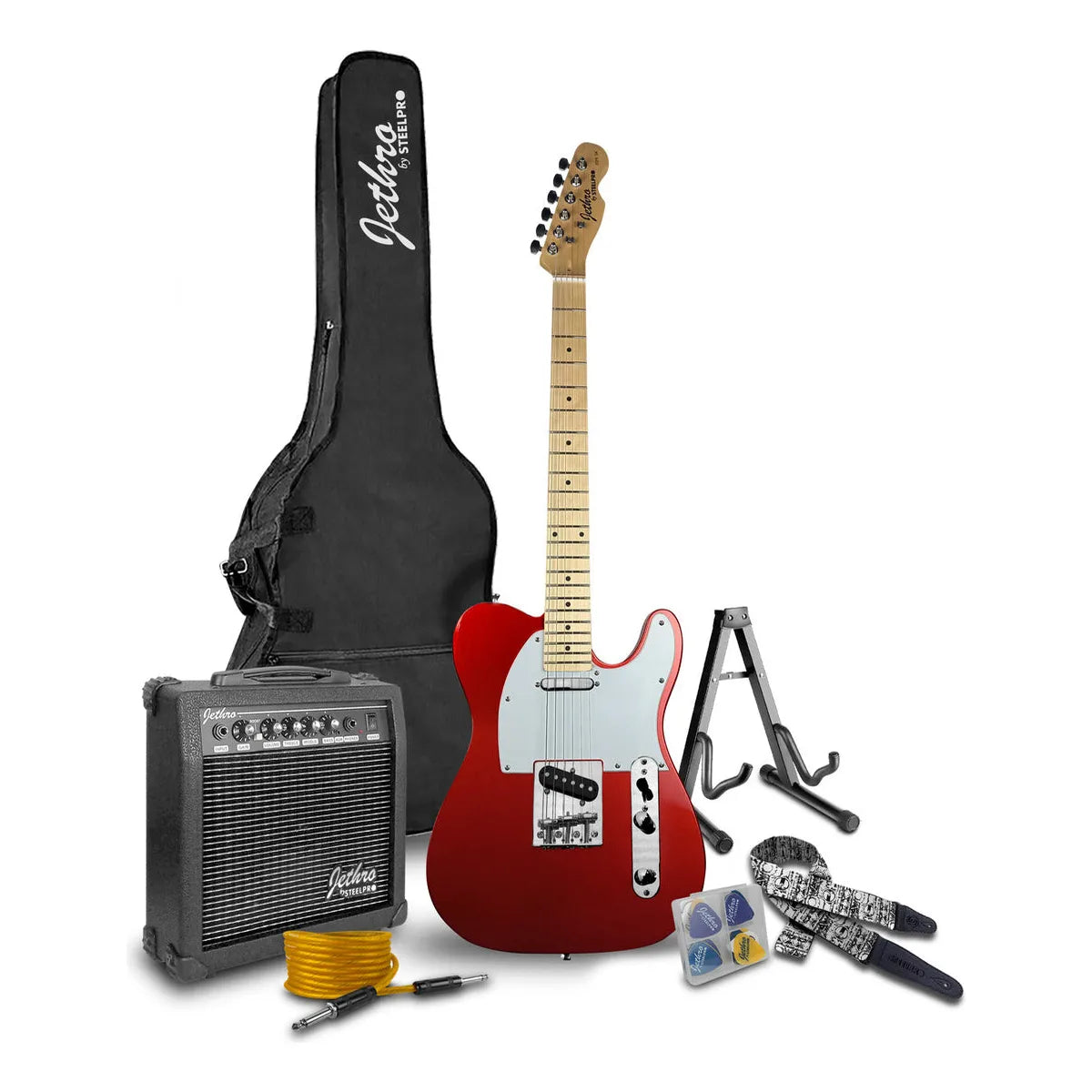 Paquete Guitarra Electrica Steelpro Jethro 029-sk 2023 Telecaster Para Diestro Baswood Color Rojo