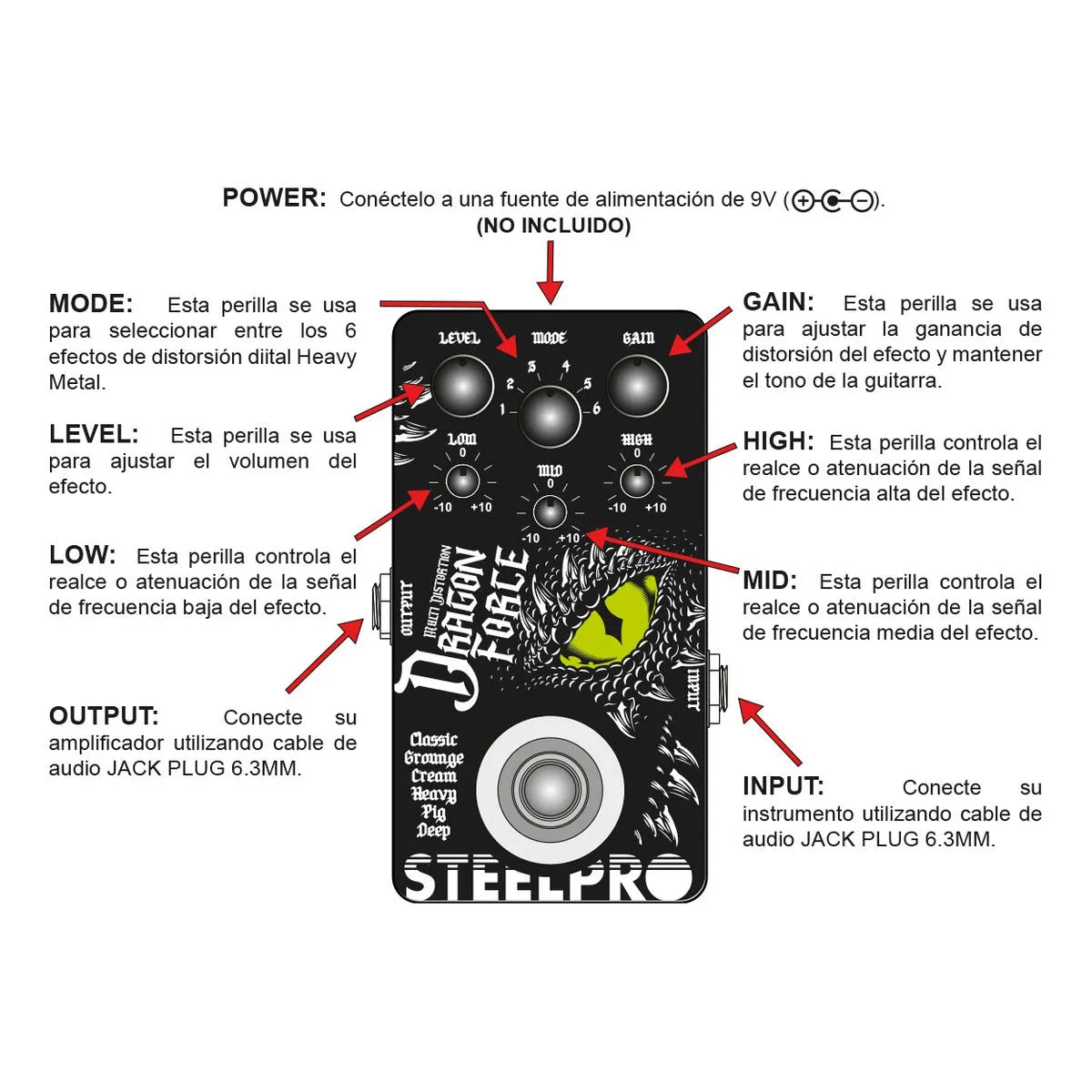 Pedal Para Guitarra Steelpro Dragon Force 6 Distorsión  9v