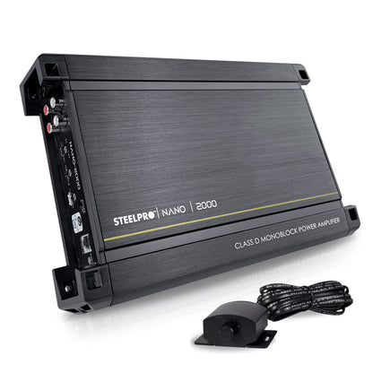 Amplificador Nano 2000 Clase D Steelpro para Subwoofer Monoblock Bass 2000W MAX 1 Ohm estable Alto Rendimiento Open Show, LPF, Bass Boost 12 dB,Filtro Subsonico, Fase Variable, Control de Bajos