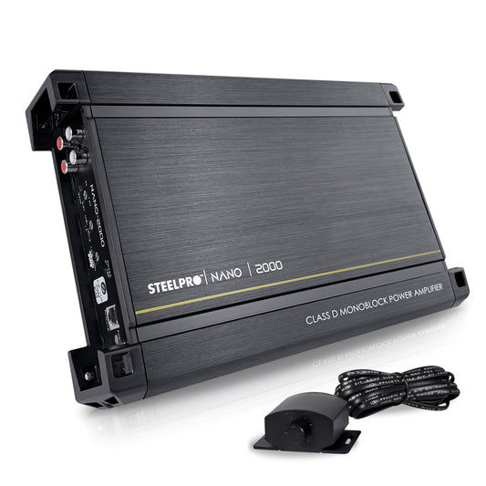 Amplificador Nano 2000 Clase D Steelpro para Subwoofer Monoblock Bass 2000W MAX 1 Ohm estable Alto Rendimiento Open Show, LPF, Bass Boost 12 dB,Filtro Subsonico, Fase Variable, Control de Bajos