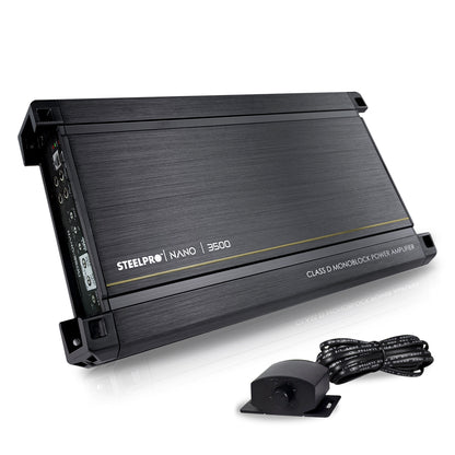 Amplificador Nano 3500 Clase D Steelpro para Subwoofer Monoblock Bass 3500W MAX 1 Ohm estable Alto Rendimiento Open Show, LPF, Bass Boost 12 dB,Filtro Subsonico, Fase Variable, Control de Bajos