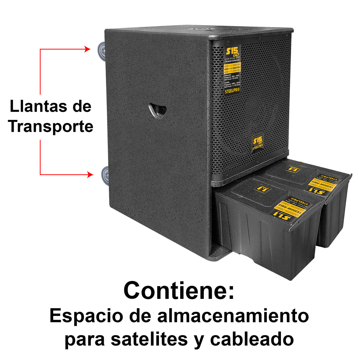 S15-GO Sistema Profesional De Audio Lineal Activo 15" 600W RMS 1050W Max DSP Bluetooth TWS Con Compartimiento para Satelites Subwoofer 15 Pulgadas Entradas Combo XLR RCA y Llantas de Transporte Steelpro