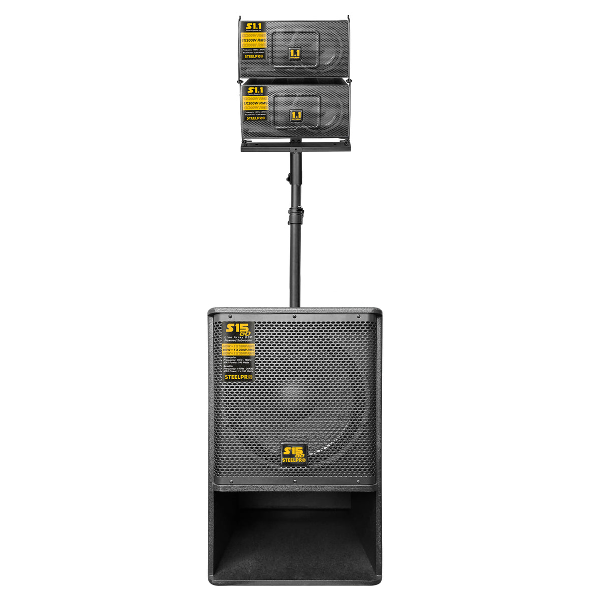 S15-GO Sistema Profesional De Audio Lineal Activo 15" 600W RMS 1050W Max DSP Bluetooth TWS Con Compartimiento para Satelites Subwoofer 15 Pulgadas Entradas Combo XLR RCA y Llantas de Transporte Steelpro