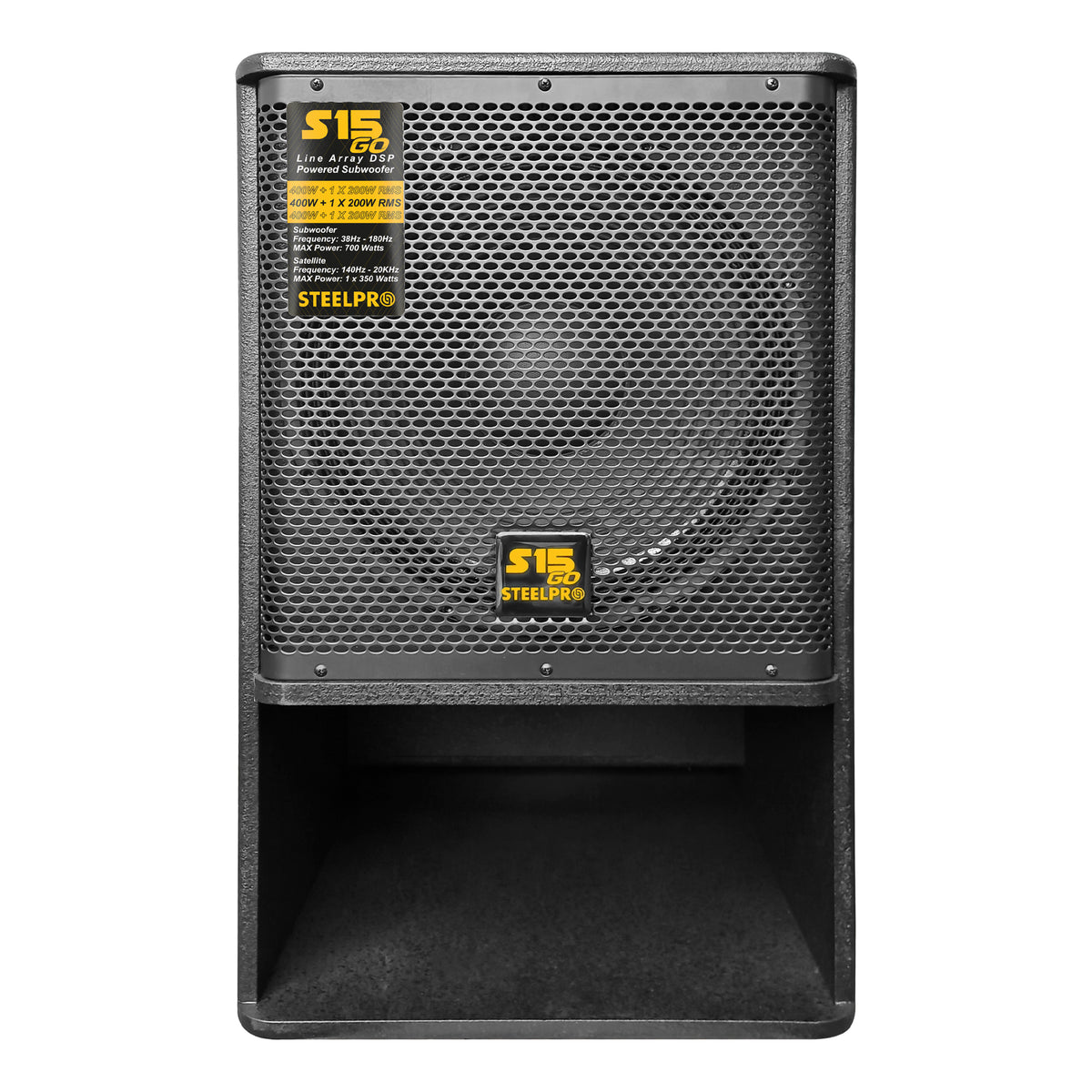 S15-GO Sistema Profesional De Audio Lineal Activo 15" 600W RMS 1050W Max DSP Bluetooth TWS Con Compartimiento para Satelites Subwoofer 15 Pulgadas Entradas Combo XLR RCA y Llantas de Transporte Steelpro