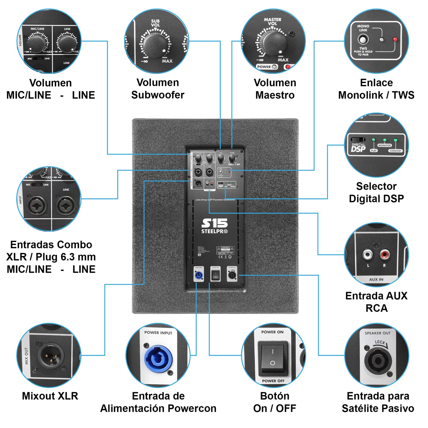 S15 Sistema Profesional De Audio Lineal 400w+200w Rms Steelpro