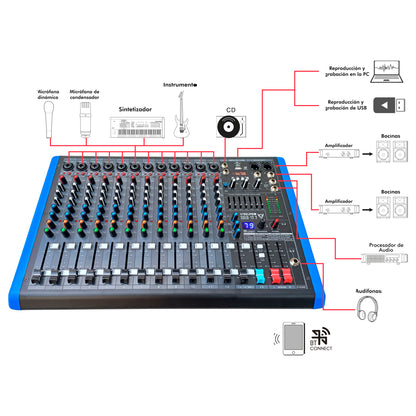 SOLO-12.2 Mezcladora Profesional 12 Canales Dsp Voz De Diablo Y Voz De Ardilla Steelpro