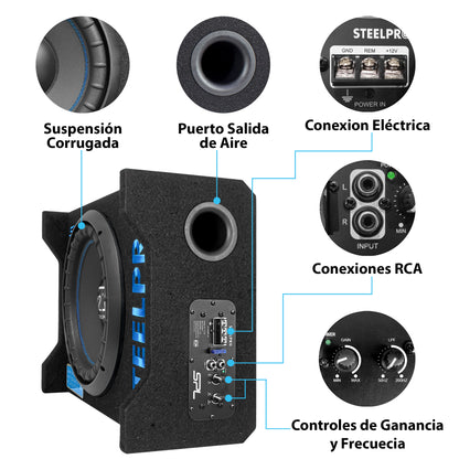Subwoofer 12' Amplificado 1250w Spl Alta Presion Steelpro Color Negro