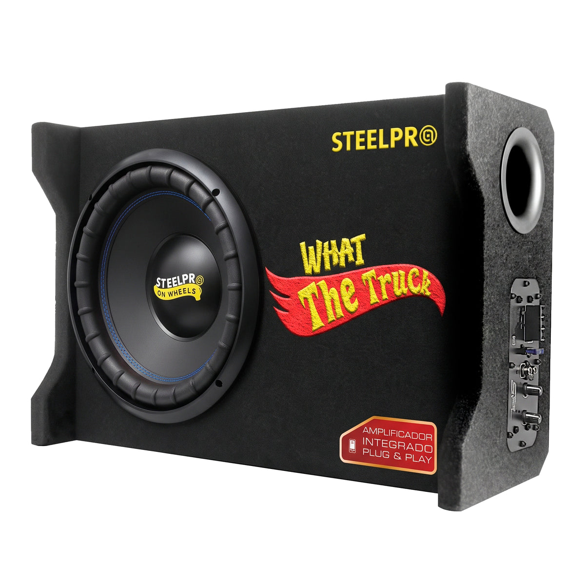 SPL1850XB Subwoofer Amplificado 12 Pulgadas Bajo Profundo 45Hz Tune en Cajon 1600W Max 800W RMS Slim Porteado Plug & Play Para Camioneta Pick Up Auto What The Truck Steelpro