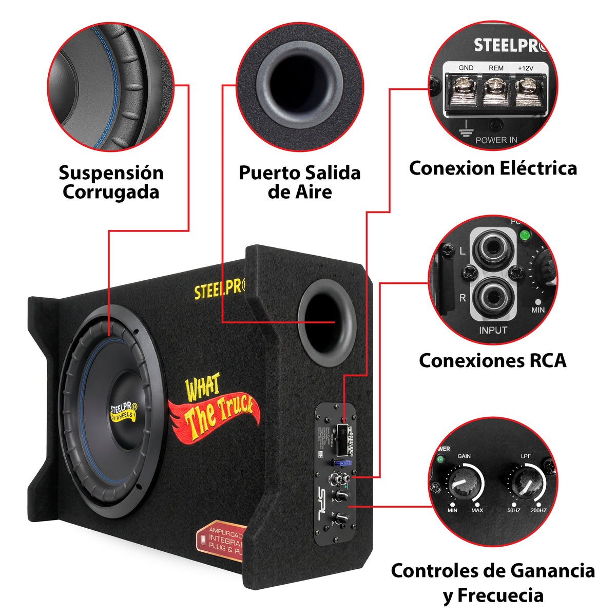SPL1850XB Subwoofer Amplificado 12 Pulgadas Bajo Profundo 45Hz Tune en Cajon 1600W Max 800W RMS Slim Porteado Plug & Play Para Camioneta Pick Up Auto What The Truck Steelpro