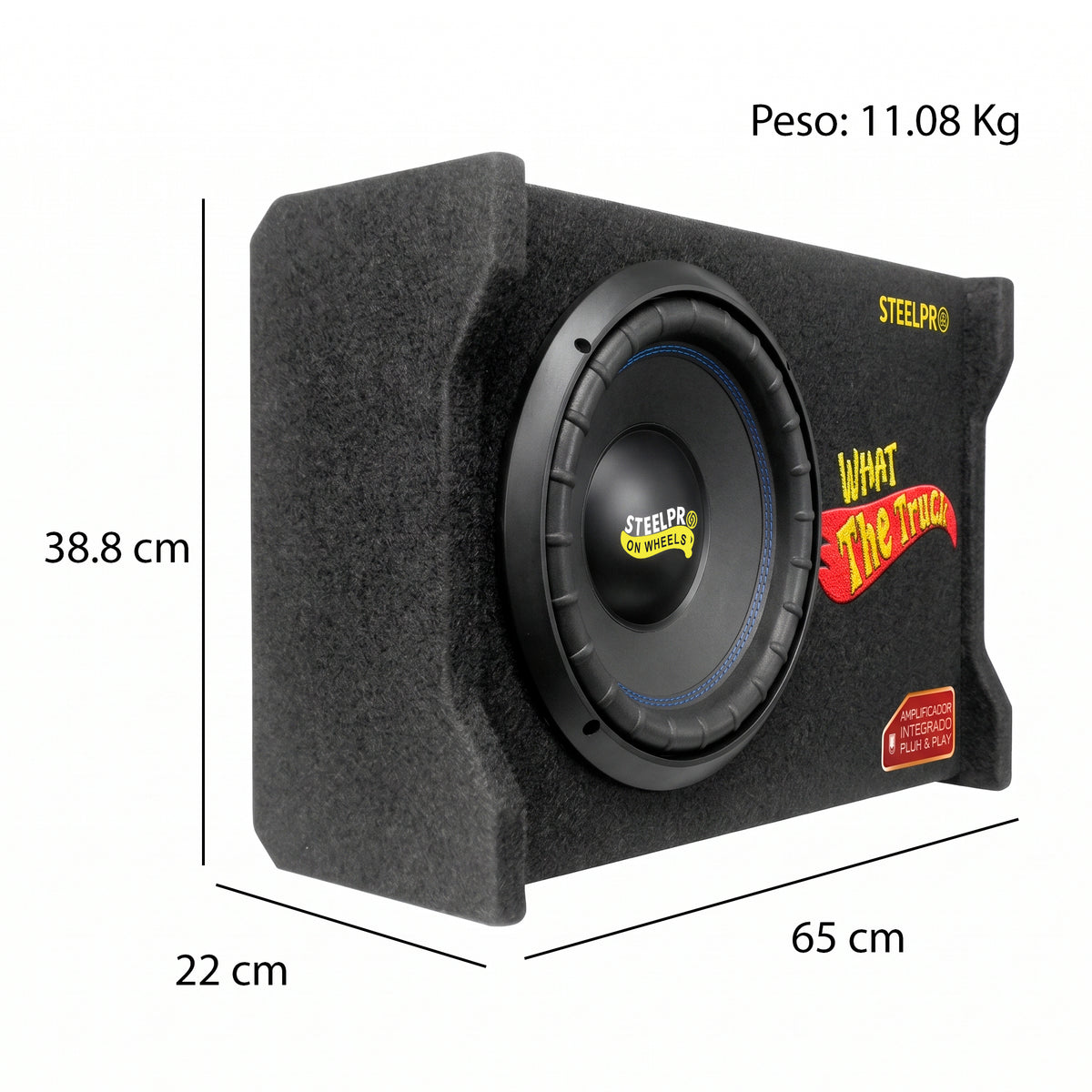 SPL1850XB Subwoofer Amplificado 12 Pulgadas Bajo Profundo 45Hz Tune en Cajon 1600W Max 800W RMS Slim Porteado Plug & Play Para Camioneta Pick Up Auto What The Truck Steelpro