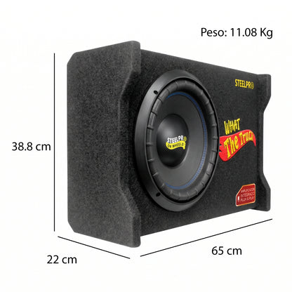 SPL1850XB Subwoofer Amplificado 12 Pulgadas Bajo Profundo 45Hz Tune en Cajon 1600W Max 800W RMS Slim Porteado Plug & Play Para Camioneta Pick Up Auto What The Truck Steelpro