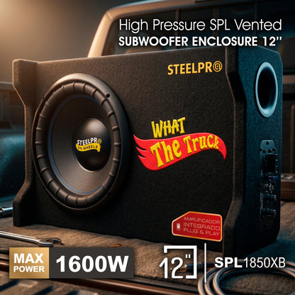 SPL1850XB Subwoofer Amplificado 12 Pulgadas Bajo Profundo 45Hz Tune en Cajon 1600W Max 800W RMS Slim Porteado Plug & Play Para Camioneta Pick Up Auto What The Truck Steelpro