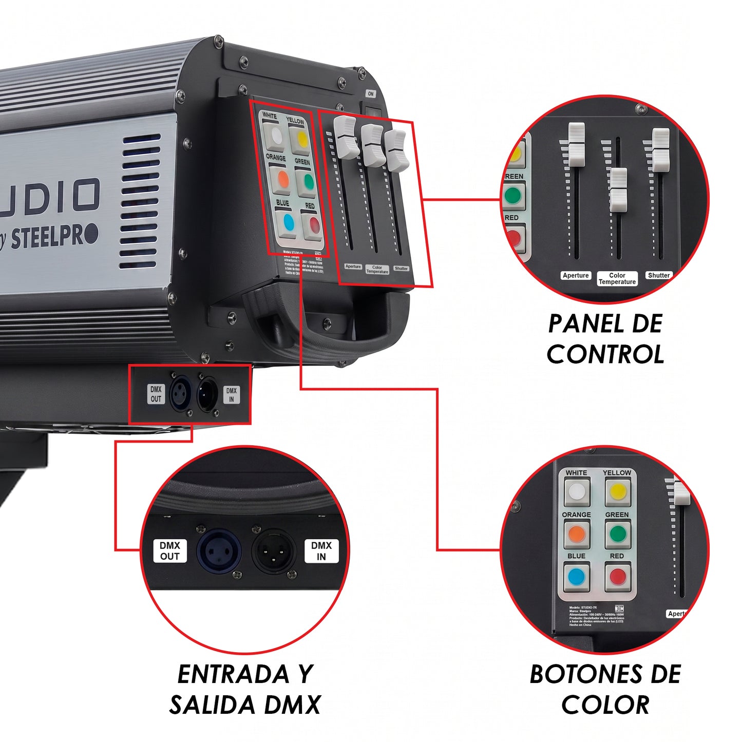 STUDIO-7R Seguidor Profesional 7R con Lámpara de Descarga, Zoom, Enfoque, DMX, Shutter, Case de Transportación y Stand para Escenarios y Eventos Steelpro