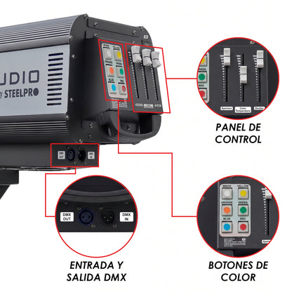 STUDIO-7R Seguidor Profesional 7R con Lámpara de Descarga, Zoom, Enfoque, DMX, Shutter, Case de Transportación y Stand para Escenarios y Eventos Steelpro
