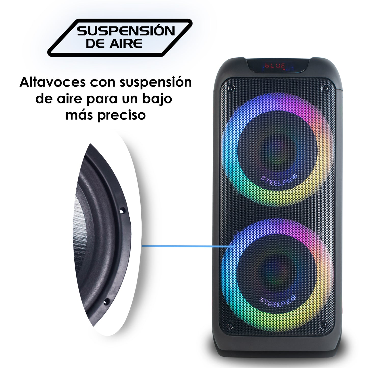 Bocina Amplificada Steelpro NEBULA 2x8” Bluetooth Recargable con Luces LED y TWS
