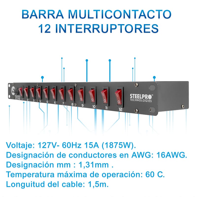 SW-12 Barra Multicontacto 12 Interruptores Steelpro