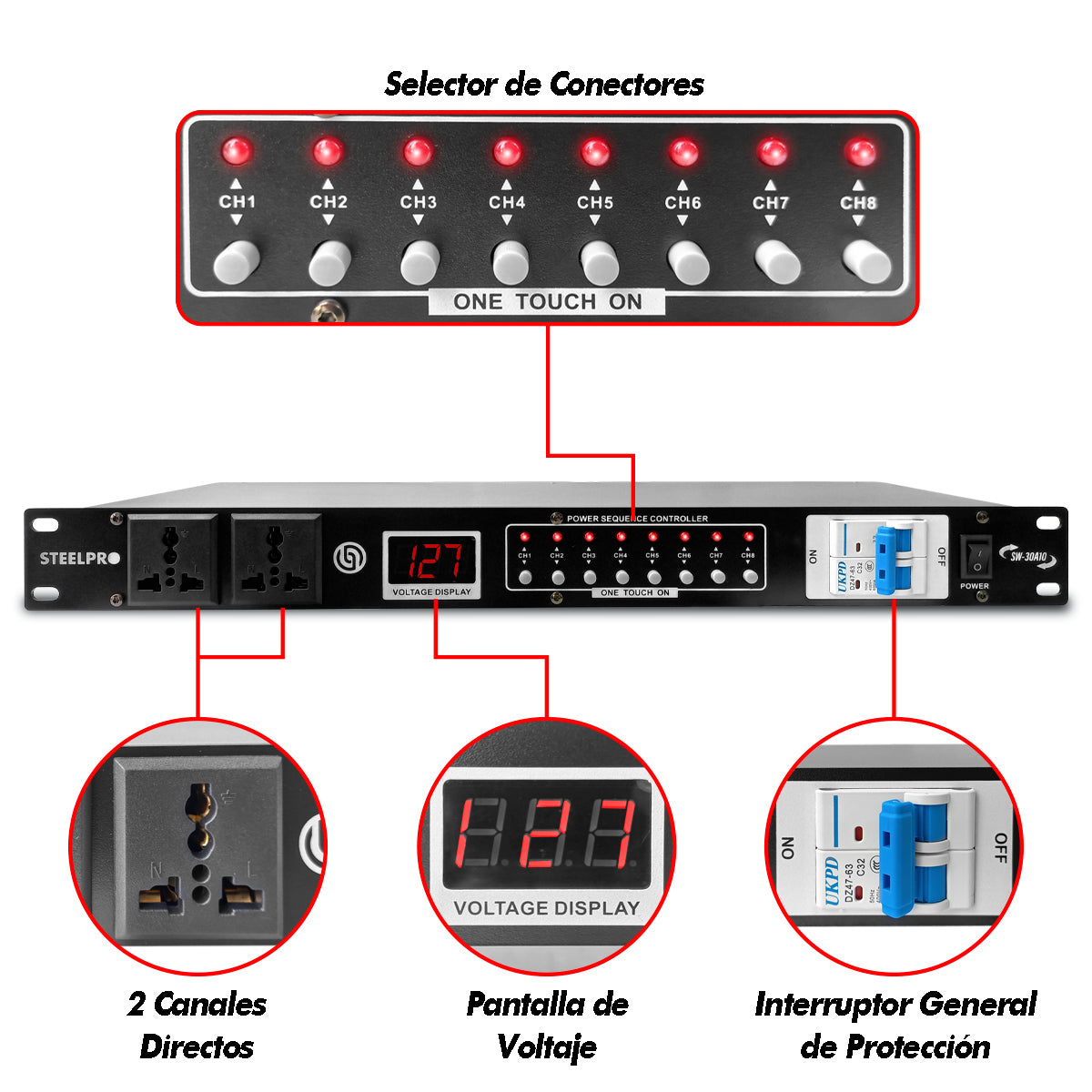 Rack Multicontacto 10enchufes Supresor De Picos 32a Steelpro Color Negro