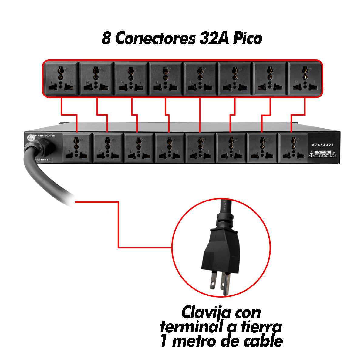 Rack Multicontacto 10enchufes Supresor De Picos 32a Steelpro Color Negro