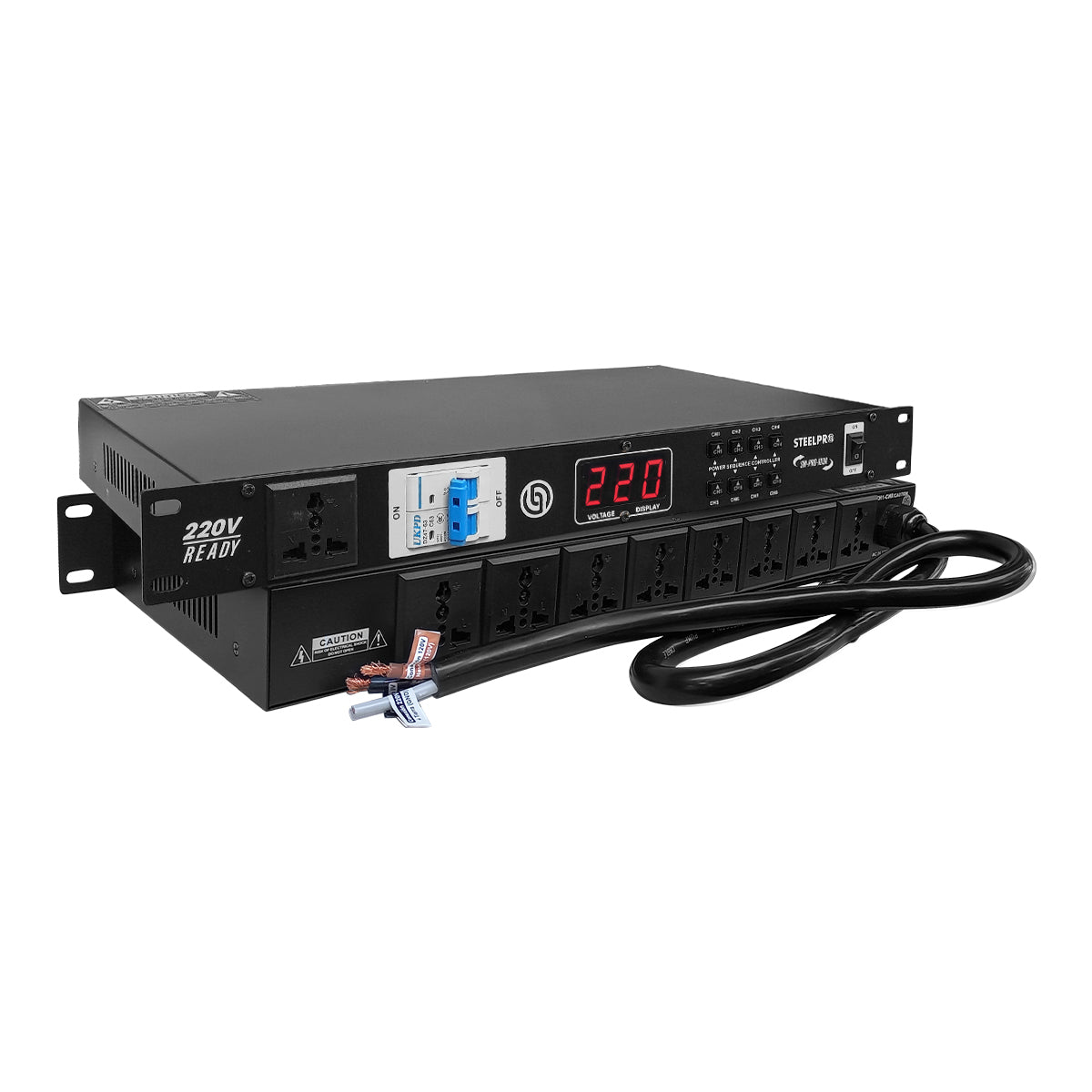 SW-PRO-103A Supresor de Picos 9 Conectores Para Rack 220V Ready Compatible 110V 6000W Protección Eléctrica 8 Contactos Protegidos Audio Iluminación DJ Steelpro
