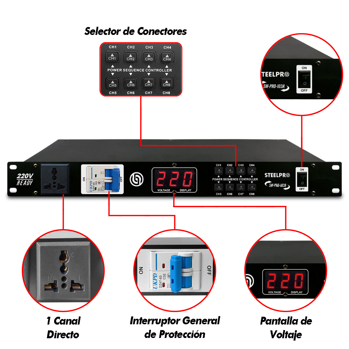 SW-PRO-103A Supresor de Picos 9 Conectores Para Rack 220V Ready Compatible 110V 6000W Protección Eléctrica 8 Contactos Protegidos Audio Iluminación DJ Steelpro