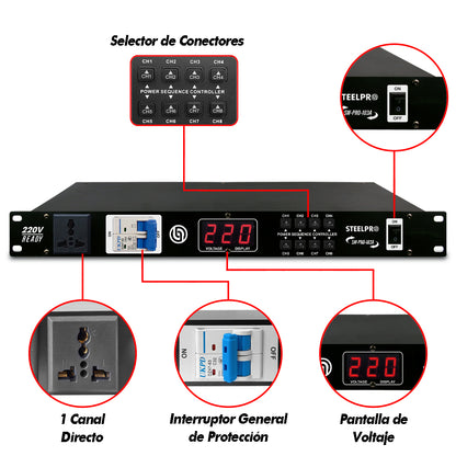 SW-PRO-103A Supresor de Picos 9 Conectores Para Rack 220V Ready Compatible 110V 6000W Protección Eléctrica 8 Contactos Protegidos Audio Iluminación DJ Steelpro
