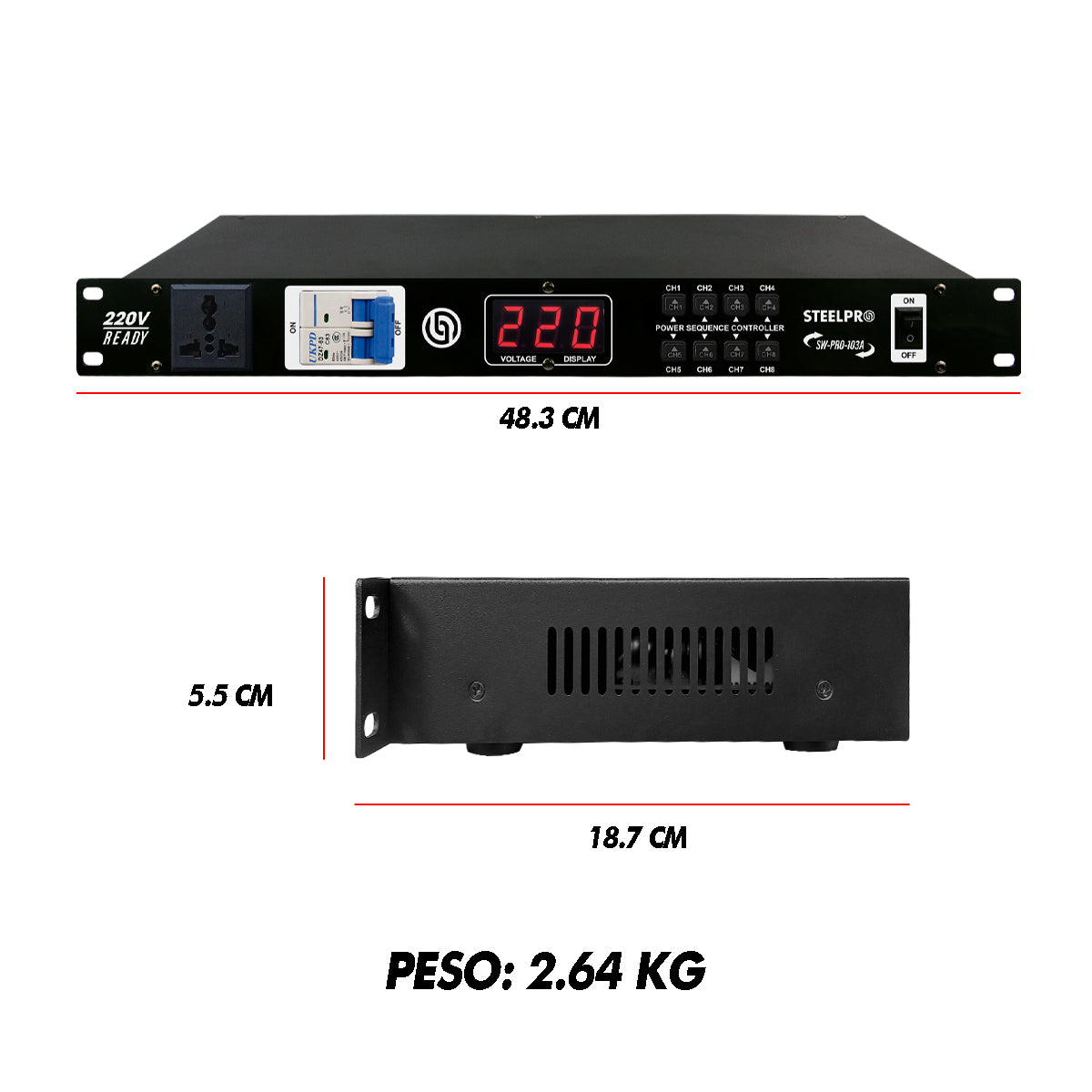 SW-PRO-103A Supresor de Picos 9 Conectores Para Rack 220V Ready Compatible 110V 6000W Protección Eléctrica 8 Contactos Protegidos Audio Iluminación DJ Steelpro