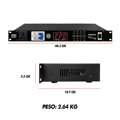 SW-PRO-103A Supresor de Picos 9 Conectores Para Rack 220V Ready Compatible 110V 6000W Protección Eléctrica 8 Contactos Protegidos Audio Iluminación DJ Steelpro