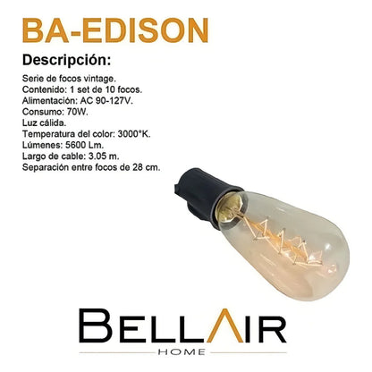 Serie Luces Edison Vintage 70w Luz Calida Set 10 Focos 3 Mts