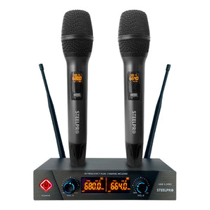 Set Profesional 2 Micrófonos Inalámbricos Uhf 70m Steelpro Color Negro