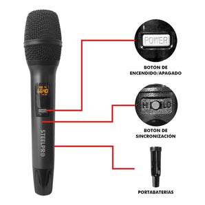Set Profesional 2 Micrófonos Inalámbricos Uhf 70m Steelpro Color Negro