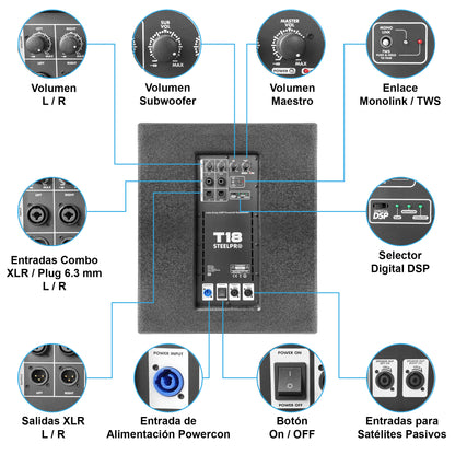 Sistema De Audio Profesional Steelpro Lineal Combo T18 Color Negro