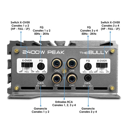 Amplificador Mini De Audio 4 Ch Clase D, Bocinas y Medios Rangos , Full Range 2400W 4/2 Ohms Estable, Alto Rendimiento Open SHOW, Crossover HPF/LPF/ FULL, Modo Bridge Conexión RCA THE BULLY RUDE BOY