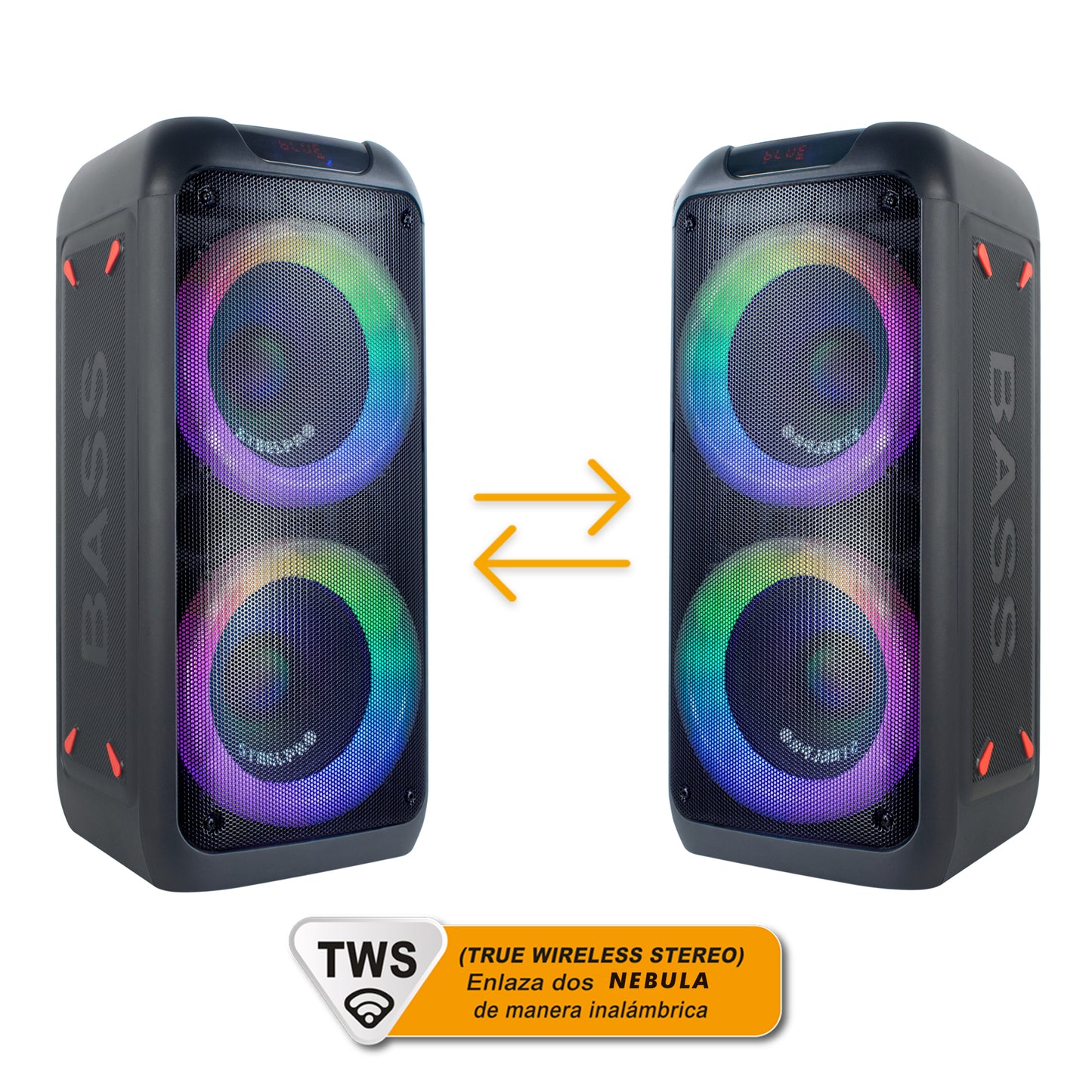 Bocina Amplificada Steelpro NEBULA 2x8” Bluetooth Recargable con Luces LED y TWS