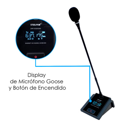 UHF-9.2GOOSE Set de Micrófono Profesional Uhf + Micrófono Cuello De Ganzo Diversity 45ch Receptor 2 Canales 100 Metros Steelpro