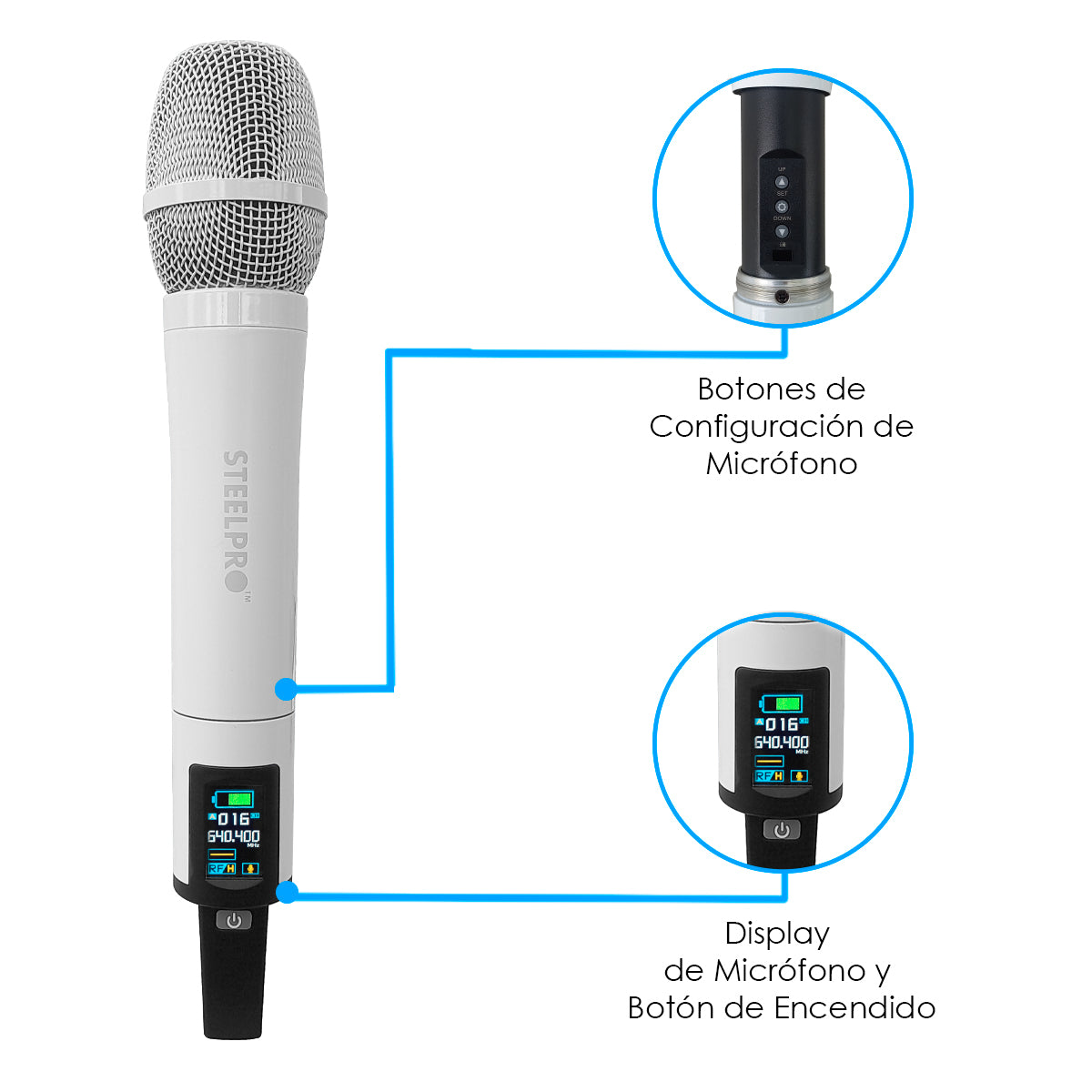 UHF-PRO120WH Set de 2 Micrófonos Profesionales Uhf Diversity 45ch Receptor 2 Canales 120 Metros Steelpro