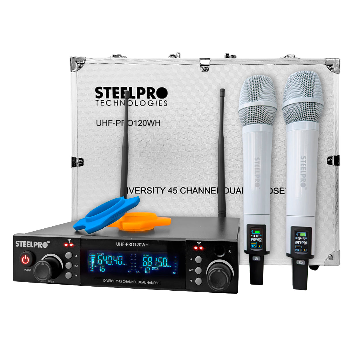 UHF-PRO120WH Set de 2 Micrófonos Profesionales Uhf Diversity 45ch Receptor 2 Canales 120 Metros Steelpro