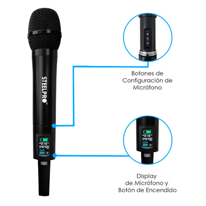 Microfono Uhf Profesional Steelpro Diversity 45ch 120 Metros Negro