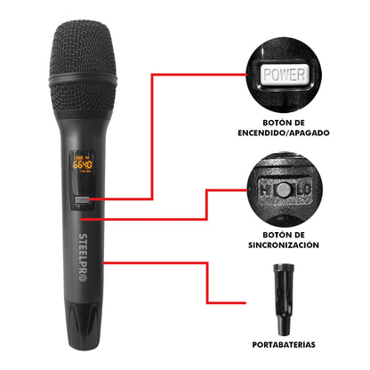 Set Profesional 2 Micrófonos Inalámbricos Uhf 70m Steelpro Color Negro