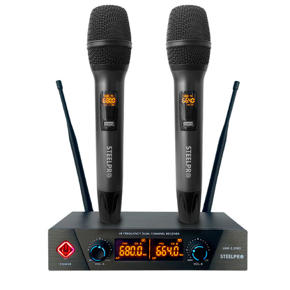 Set Profesional 2 Micrófonos Inalámbricos Uhf 70m Steelpro Color Negro