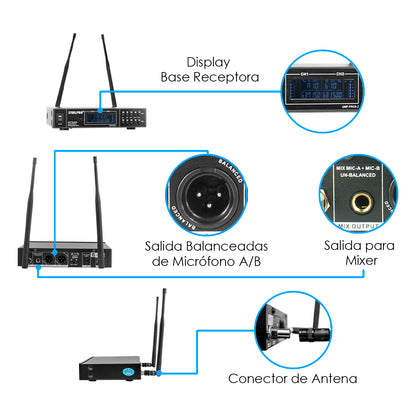 UHF-PRO9.2AZ Set de 2 Micrófonos Profesionales Uhf 45ch Receptor 2 canales 100 Metros Steelpro