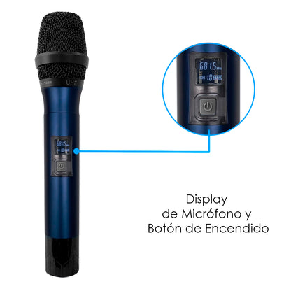 UHF-PRO9.2AZ Set de 2 Micrófonos Profesionales Uhf 45ch Receptor 2 canales 100 Metros Steelpro