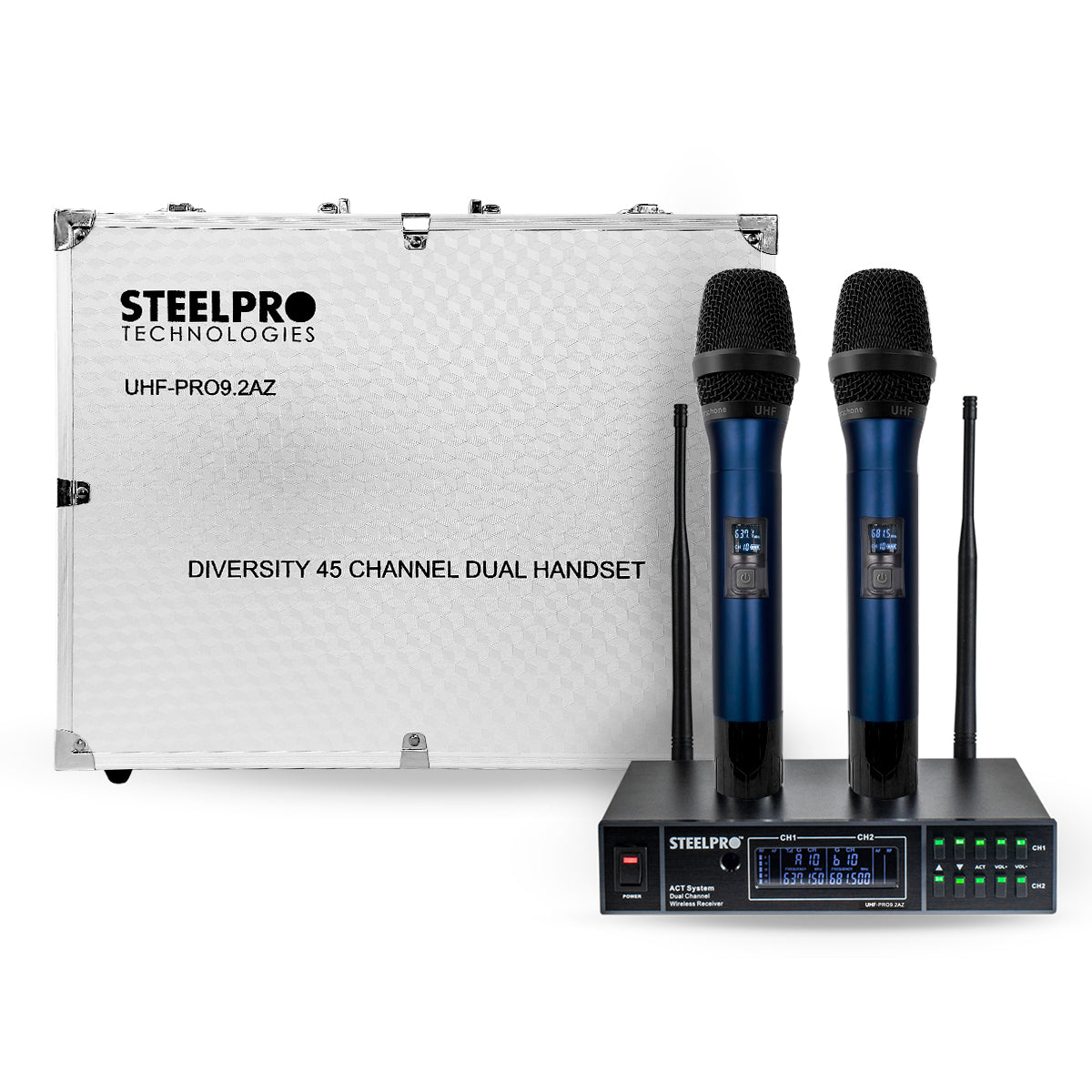 UHF-PRO9.2AZ Set de 2 Micrófonos Profesionales Uhf 45ch Receptor 2 canales 100 Metros Steelpro
