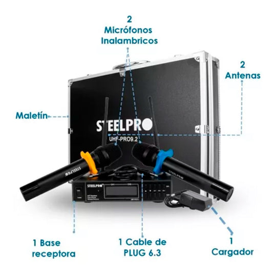 Microfono Uhf Profesional Steelpro Frecuencia Multicanal Color Negro