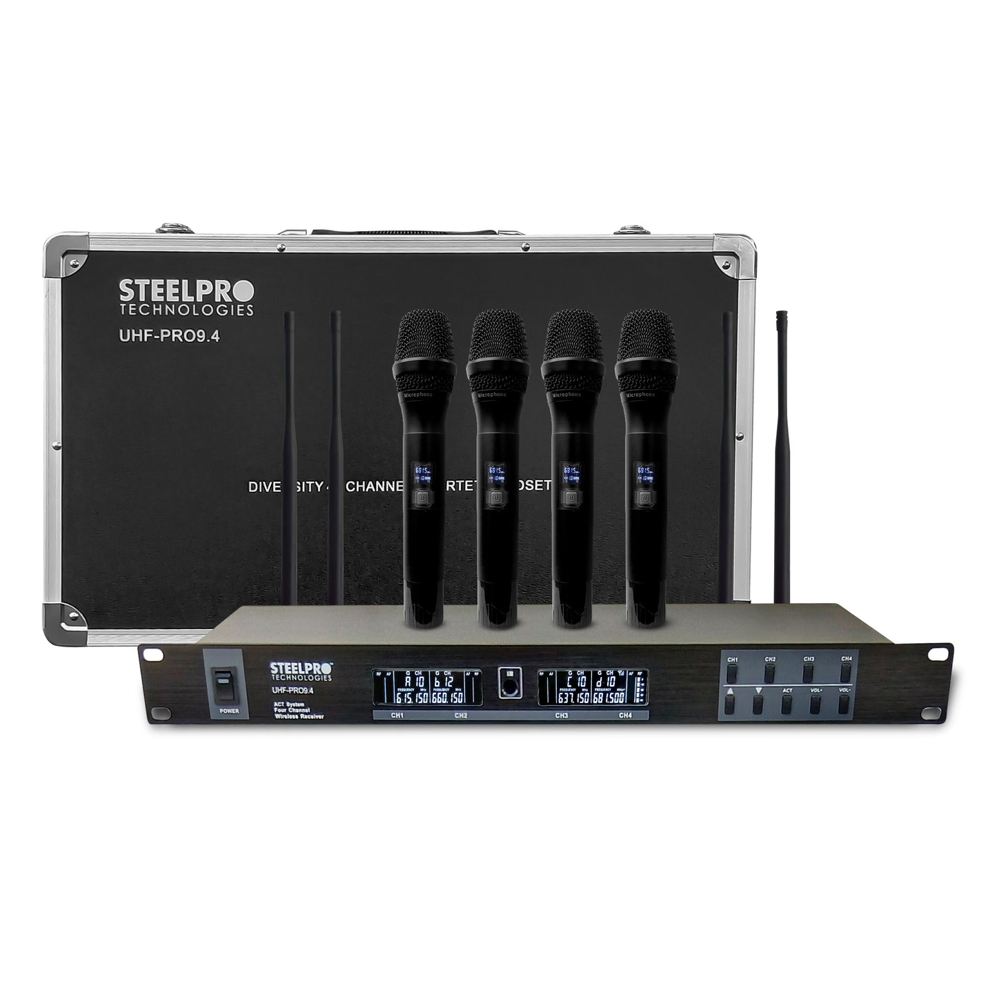 UHF-PRO9.4 Set de 4 Micrófonos Profesionales Uhf 45ch Receptor 4 Canales 100 Metros Steelpro