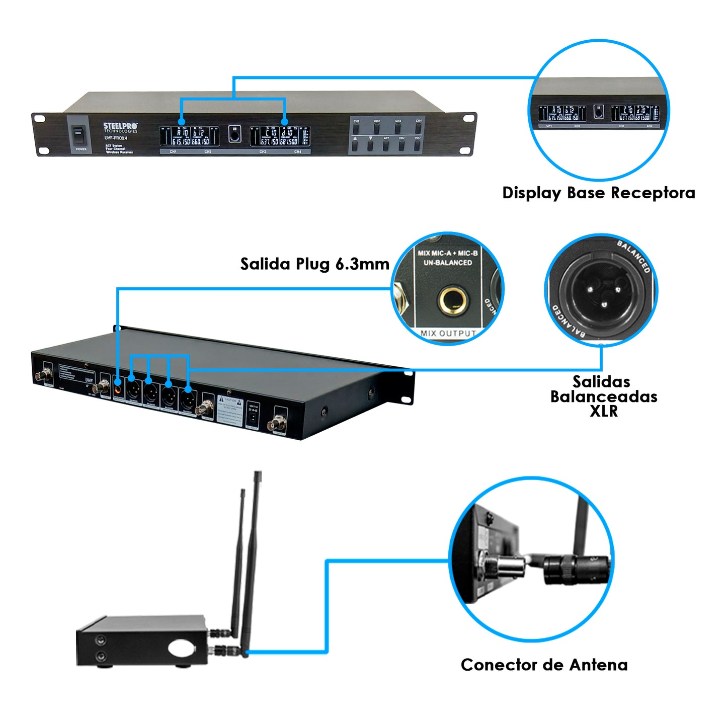 UHF-PRO9.4 Set de 4 Micrófonos Profesionales Uhf 45ch Receptor 4 Canales 100 Metros Steelpro