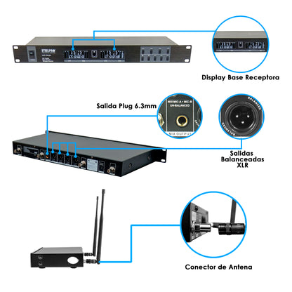 UHF-PRO9.4 Set de 4 Micrófonos Profesionales Uhf 45ch Receptor 4 Canales 100 Metros Steelpro