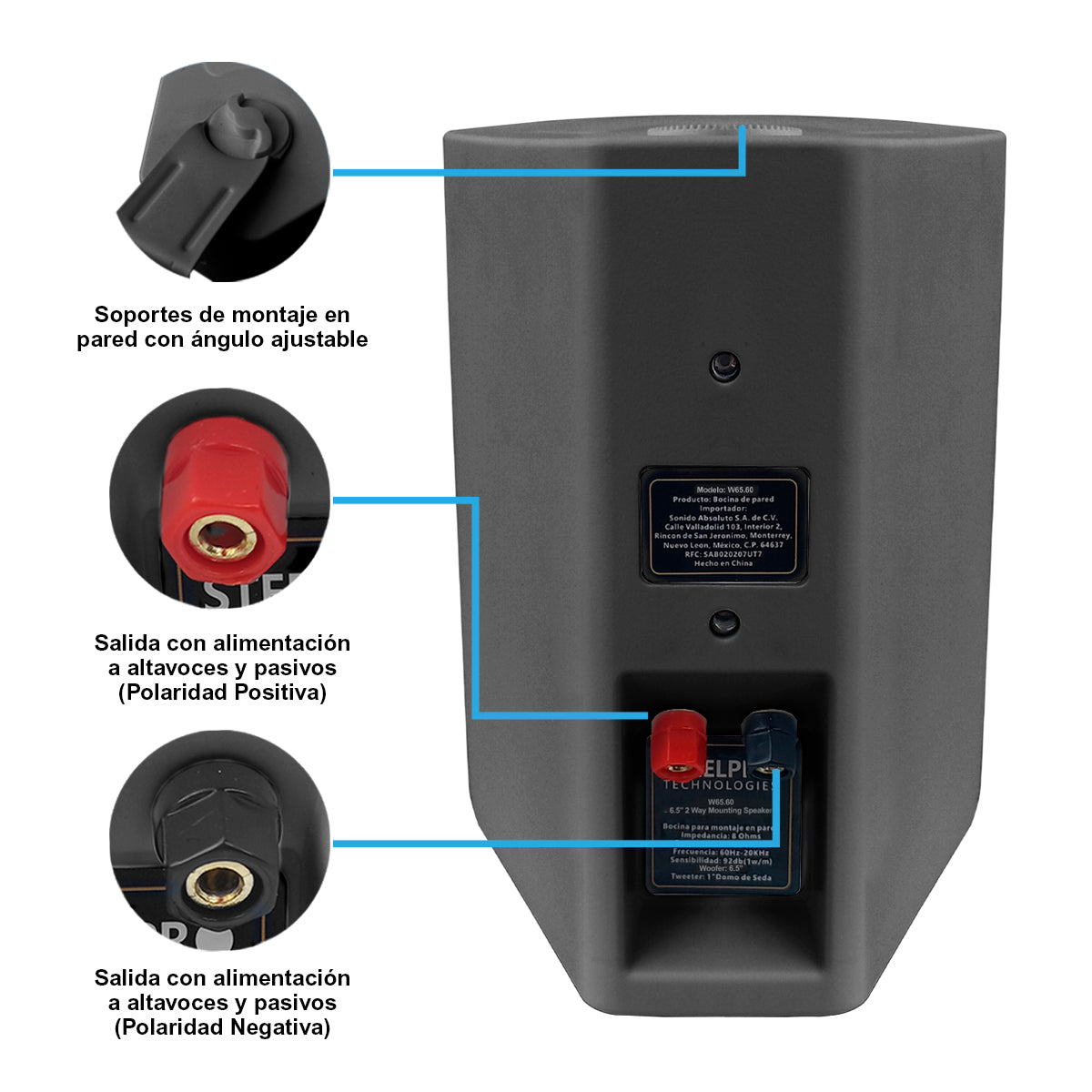 Par de Bocinas de Pared Steelpro W65.60K2-B 6.5” 100W RMS con Tweeter Domo de Seda Hi-Fi